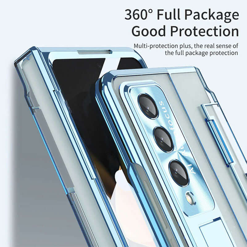 Premium Aluminum Alloy Transparent Frosted Stand Hinge Phone Case with Screen Protector for Samsung Galaxy Z Fold3 Fold4 5G - Armor Phantom - Brandy Trendy Hub