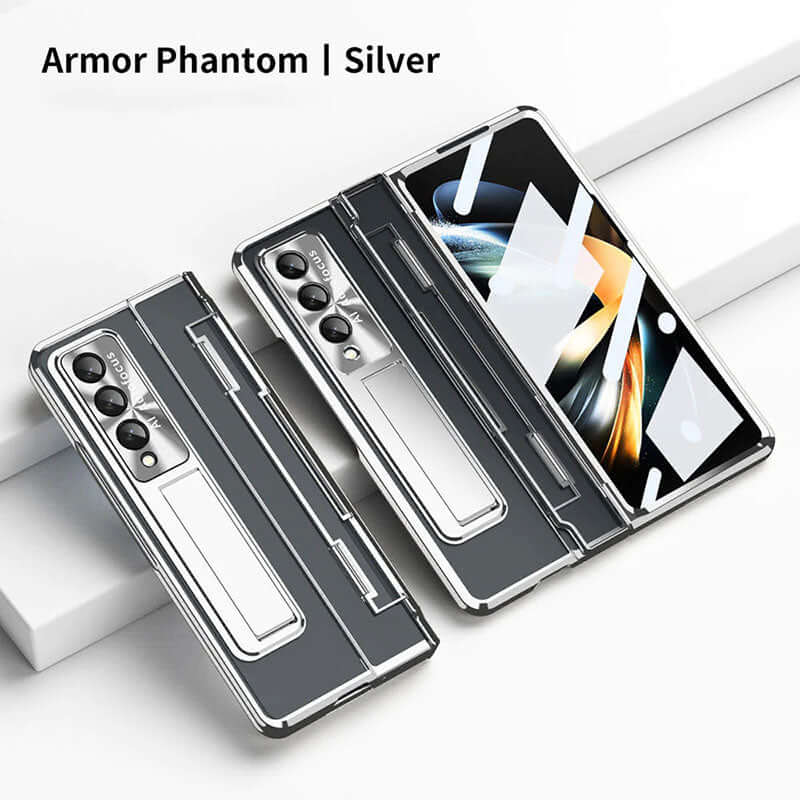 Premium Aluminum Alloy Transparent Frosted Stand Hinge Phone Case with Screen Protector for Samsung Galaxy Z Fold3 Fold4 5G - Armor Phantom - Brandy Trendy Hub