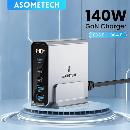 ASOMETECH 140W GaN USB-C Fast Charger: QC4.0, PD, and Multi-Port Power for MacBook, iPhone, Samsung, and More! - Brandy Trendy Hub