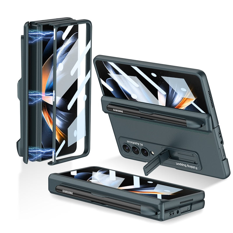Pen Slot Case for Samsung Galaxy Z Fold 4 with Kickstand and Screen Protective Glass. - Brandy Trendy Hub