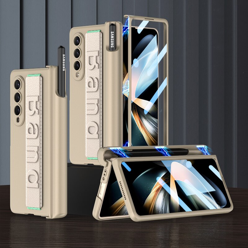 Magnetic Case with Wrist Band & Hinge Pen Holder For Samsung Galaxy Z Fold 4 - Brandy Trendy Hub