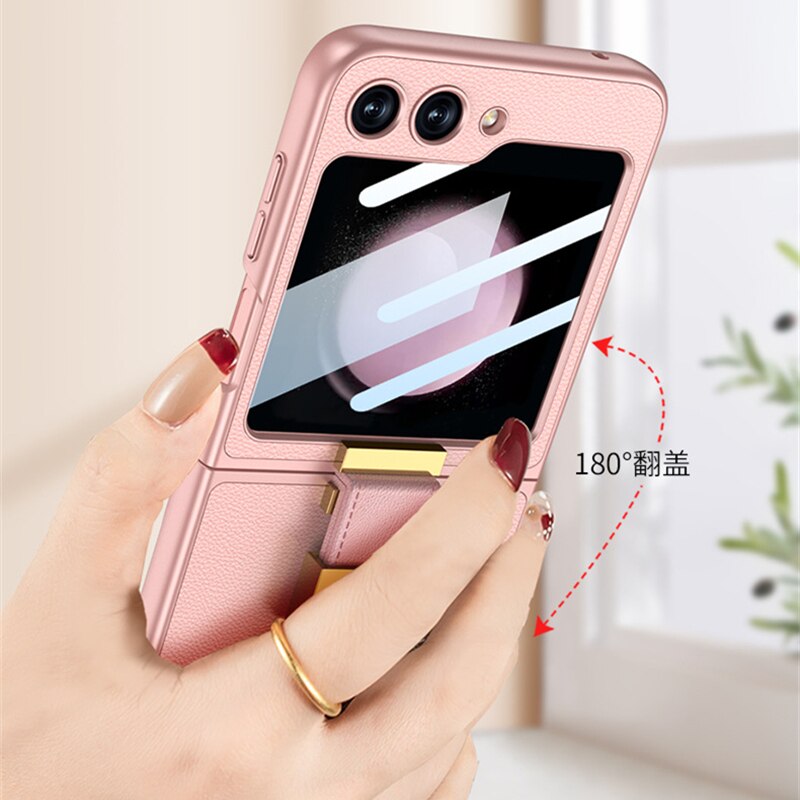 Leather Cover With Z Finger Ring & Lens Glass for Samsung Galaxy Z Flip 5 - Brandy Trendy Hub