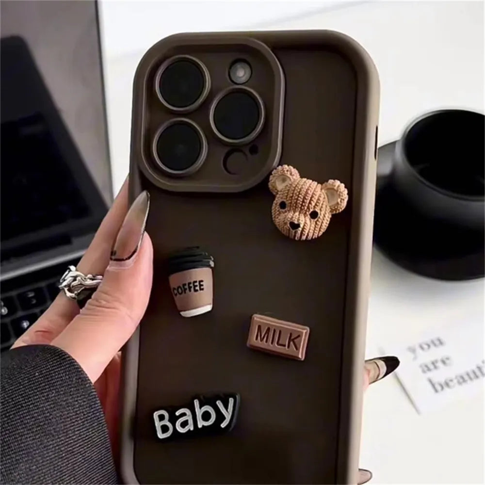 Cute 3D Bear Liquid Phone Case for iPhone – Delightful Coffee Milk Candy Design - Brandy Trendy Hub