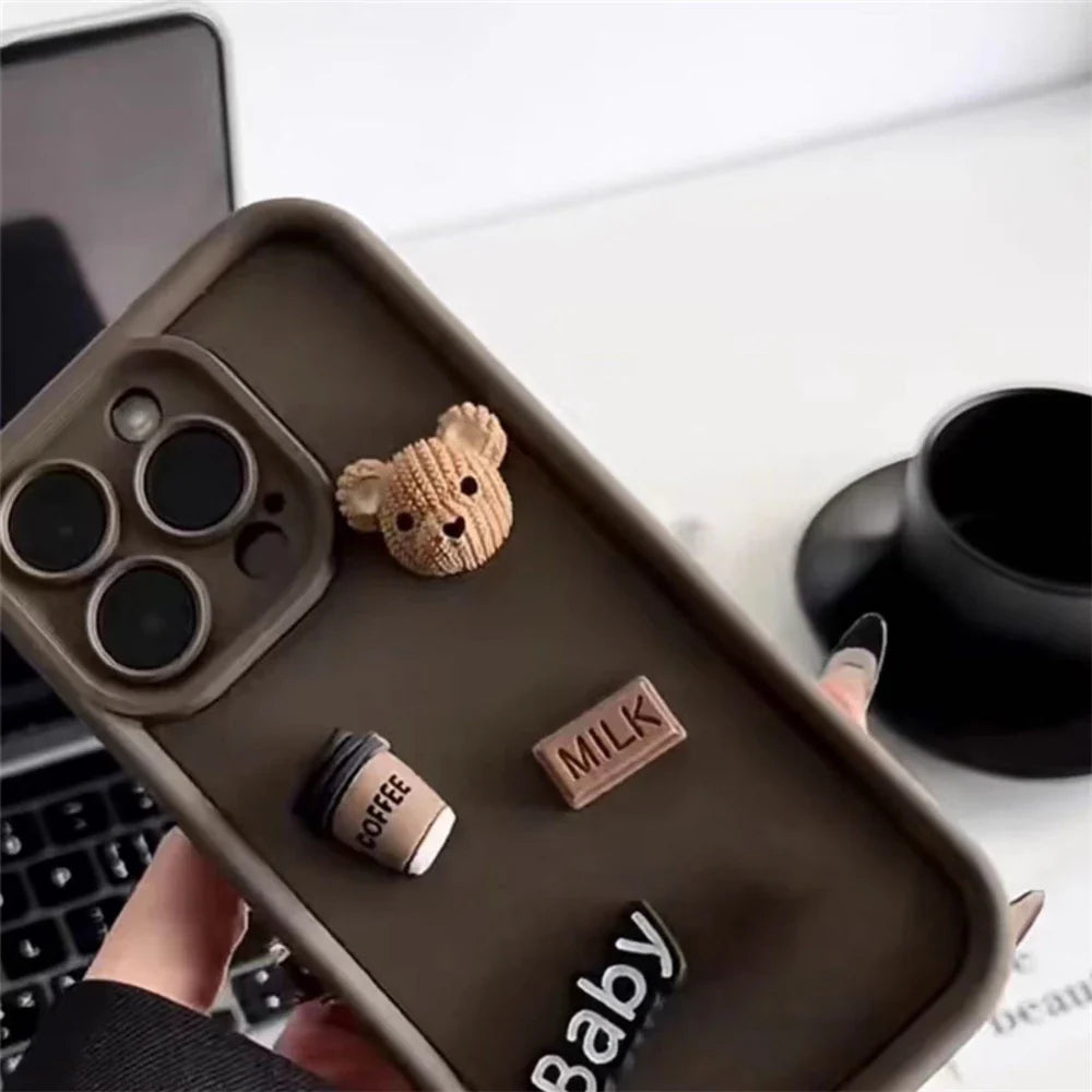 Cute 3D Bear Liquid Phone Case for iPhone – Delightful Coffee Milk Candy Design - Brandy Trendy Hub