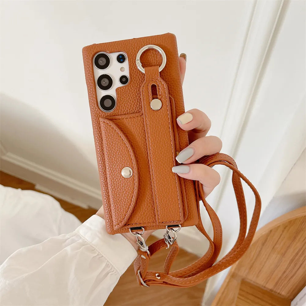 Samsung Galaxy Crossbody Phone Case with Wrist Strap, Card Holder, Wallet, Lanyard, and Leather Cover - Brandy Trendy Hub