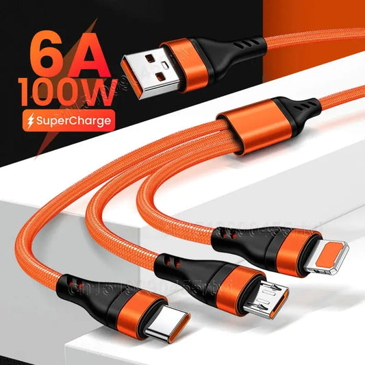 100W 6A 3in1 Fast Charging Cable - Micro USB Type-C Power Delivery PD Cord