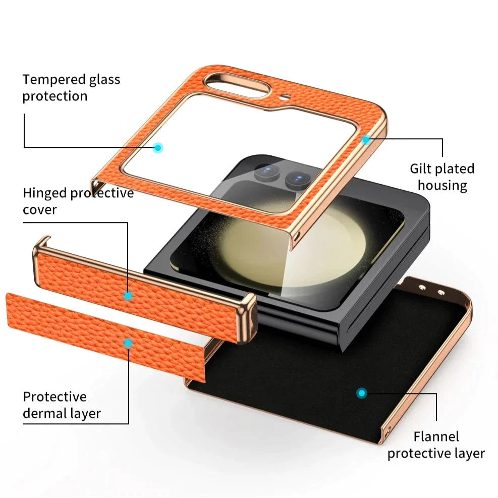 Bonded Leather Tempered Glass Samsung Z Flip 5 Case